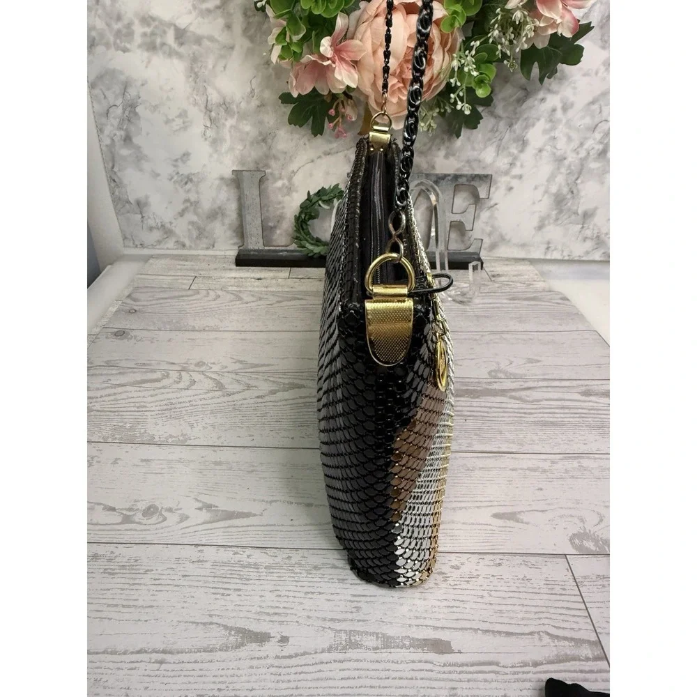 Vintage 70 80s Gold Black Bronze Silver Mesh Stripe Purse Bag Clutch Cross Body
